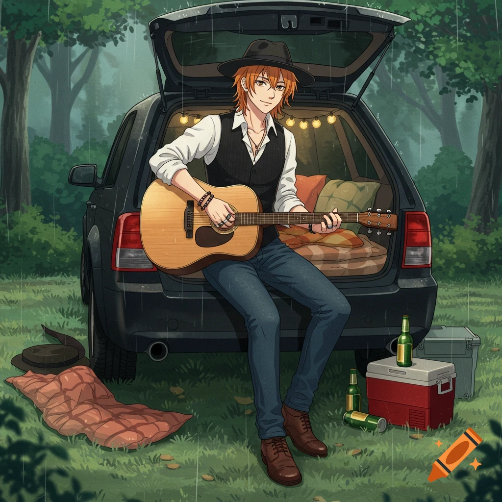 Anime character playing guitar on a car trunk in a rainy forest, with camping gear around him.