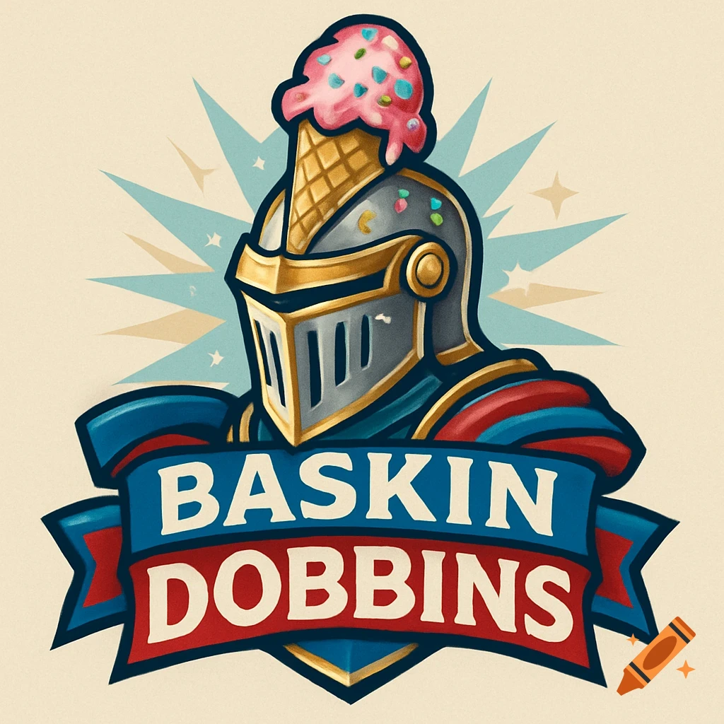 A colorful logo featuring a knight's helmet topped with an ice cream cone, above a banner reading "BASKIN DOBBINS".