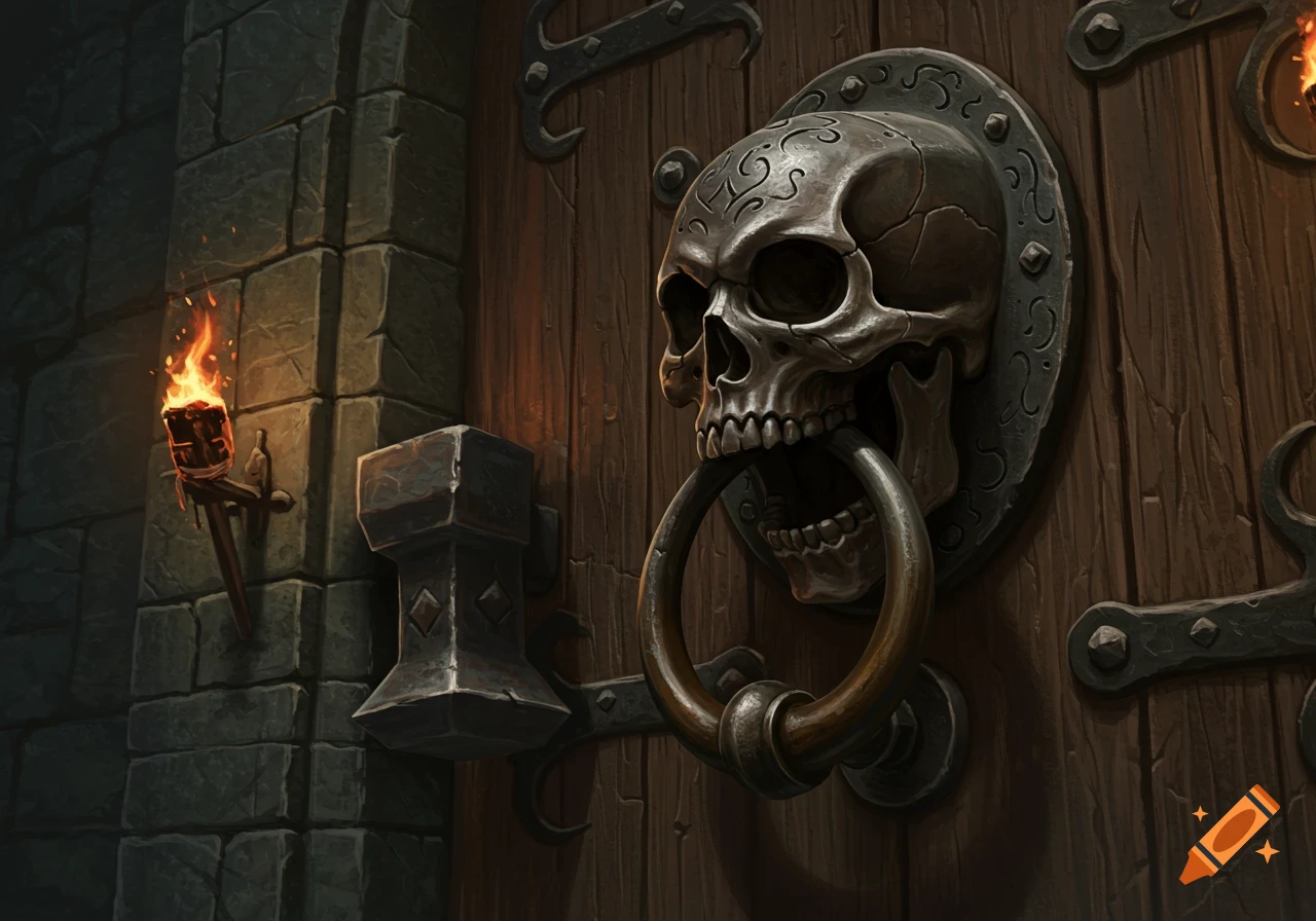A close-up of a medieval wooden door with a skull-shaped door knocker and a lit torch on a stone wall.