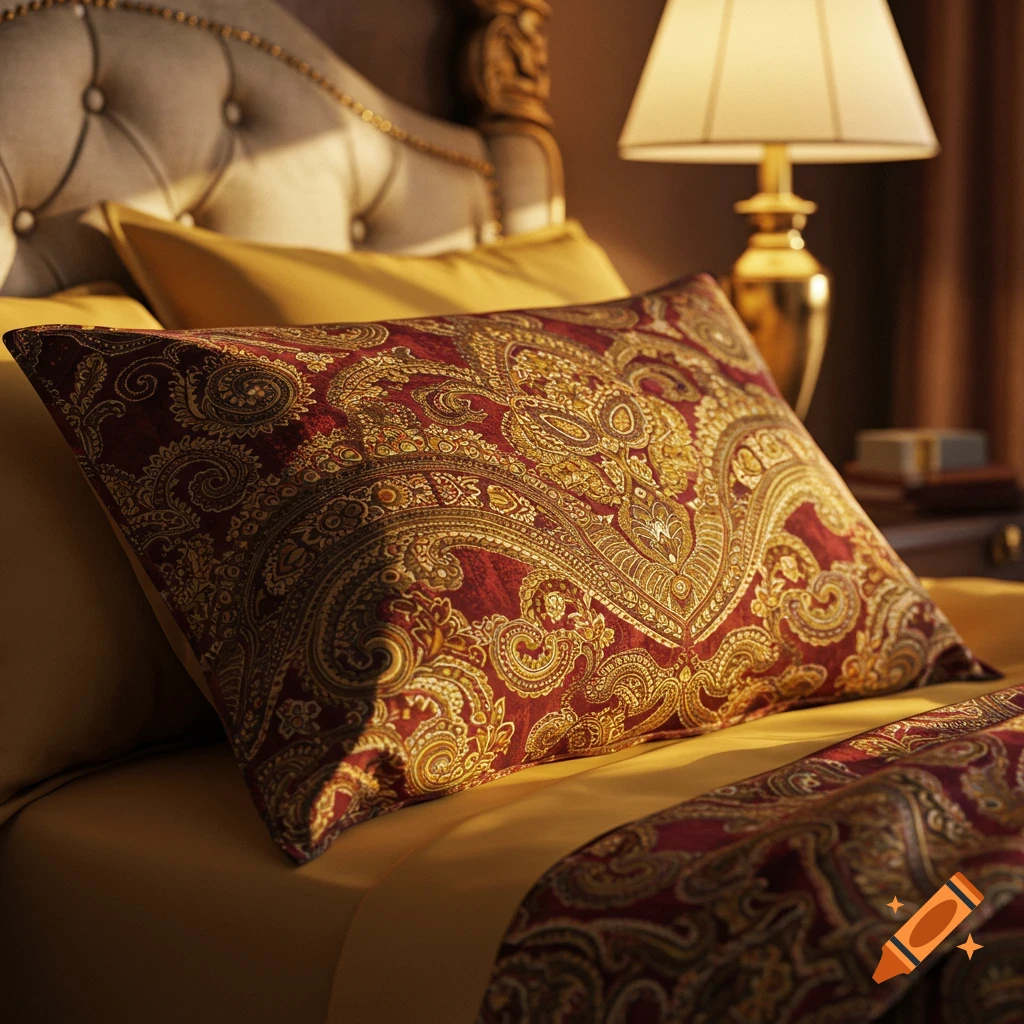 A close-up of a luxurious bed with a red and gold paisley patterned pillow and yellow sheets, with a lamp and upholstered headboard in the background.