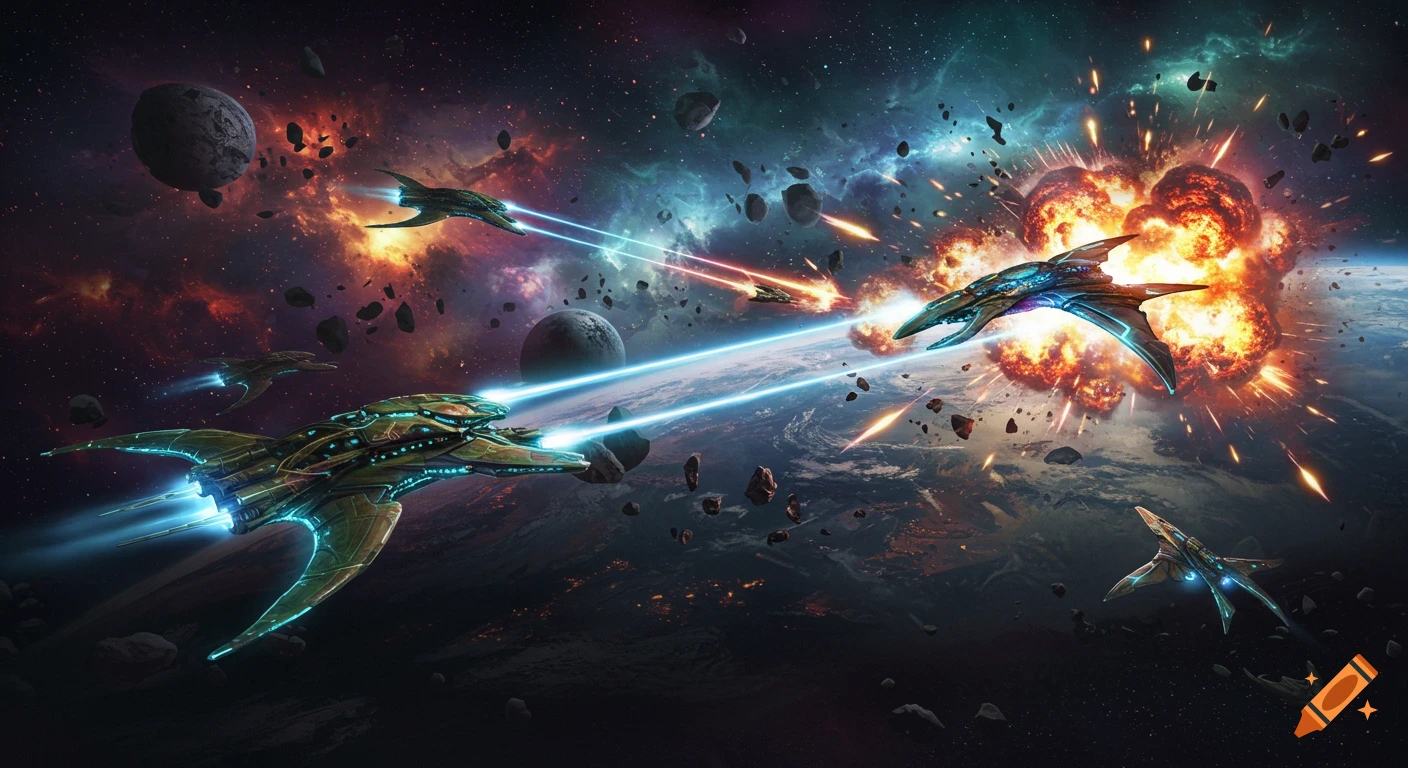 A dramatic space battle with alien spacecraft firing lasers and explosions in a vibrant cosmic sky with planets and asteroids.