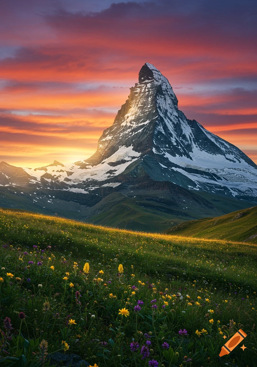 Photorealistic snow-capped mountain at sunset with dramatic orange and purple sky over a field of green grass and wildflowers.