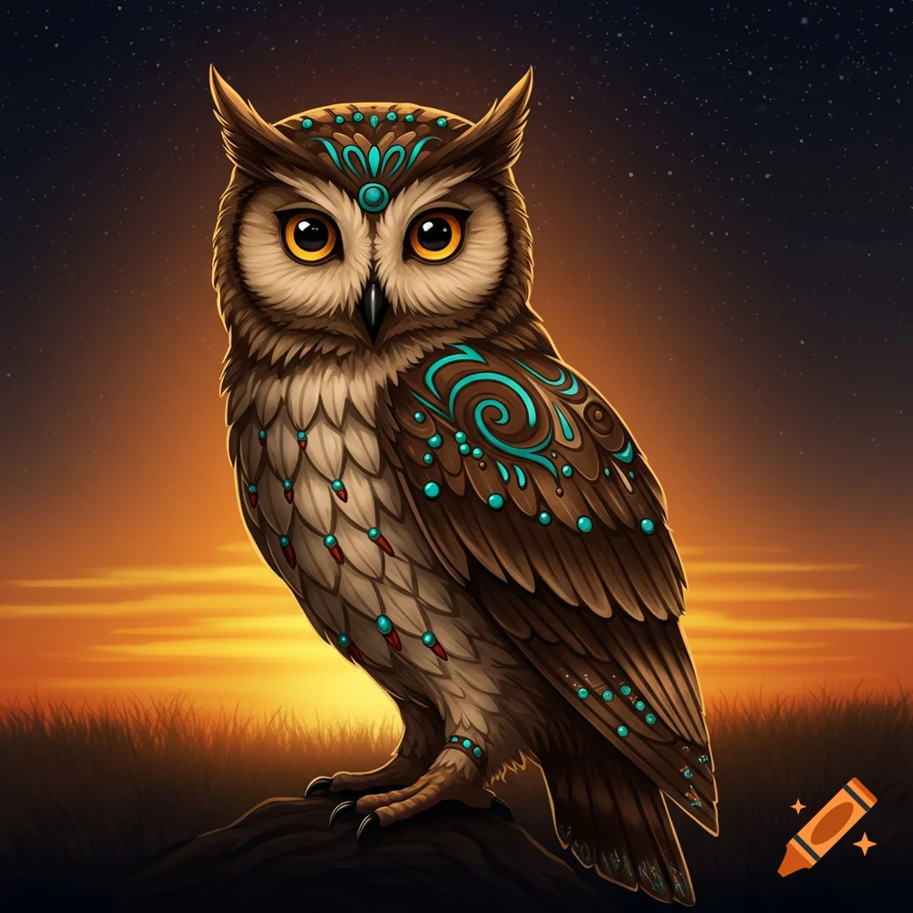 A stylized owl with turquoise and red patterns, perched on a branch against a sunset and starry night sky.