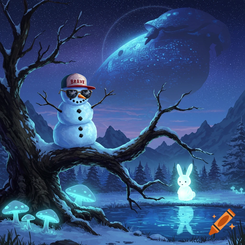 A cool snowman in sunglasses and a 'BRAVE' hat on a snowy tree branch, a glowing bunny by a pond, under a starry sky with a giant spaceship-like planet.