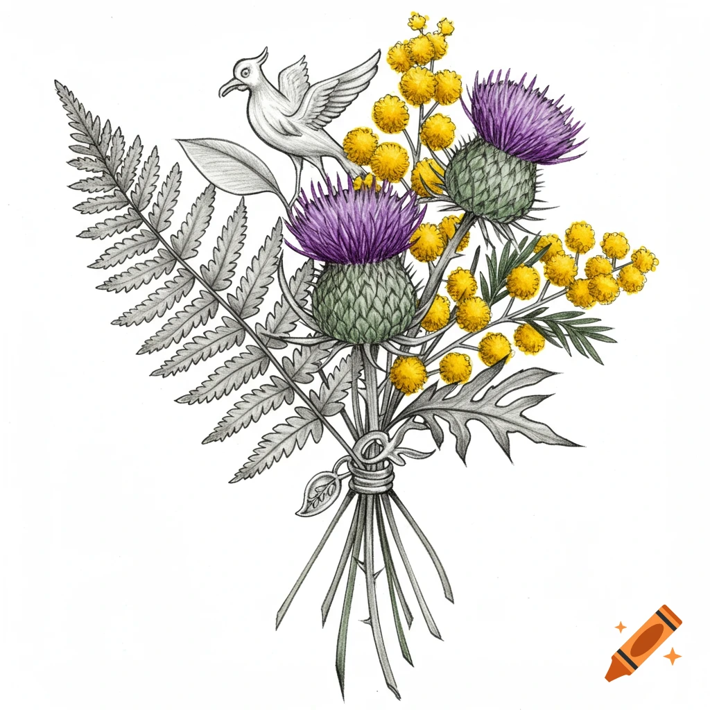 A sketch of a botanical bouquet featuring purple thistles, yellow wattle, a gray fern, and a white Liver Bird charm.
