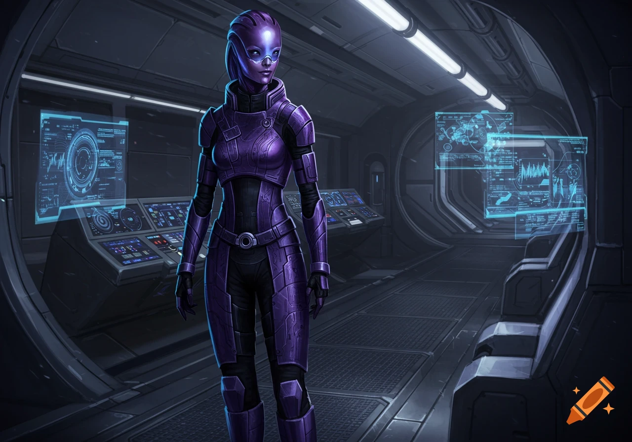 A purple-suited alien character resembling Tali'Zorah stands in a futuristic control room with blue holographic displays.