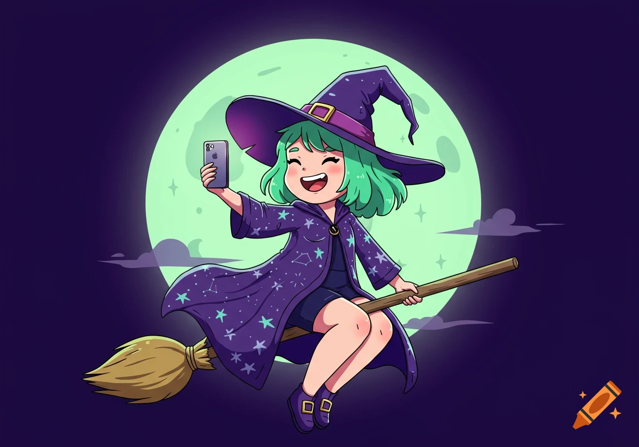 Cute cartoon witch with green hair flying on a broomstick in front of a full moon, taking a selfie with a smartphone.
