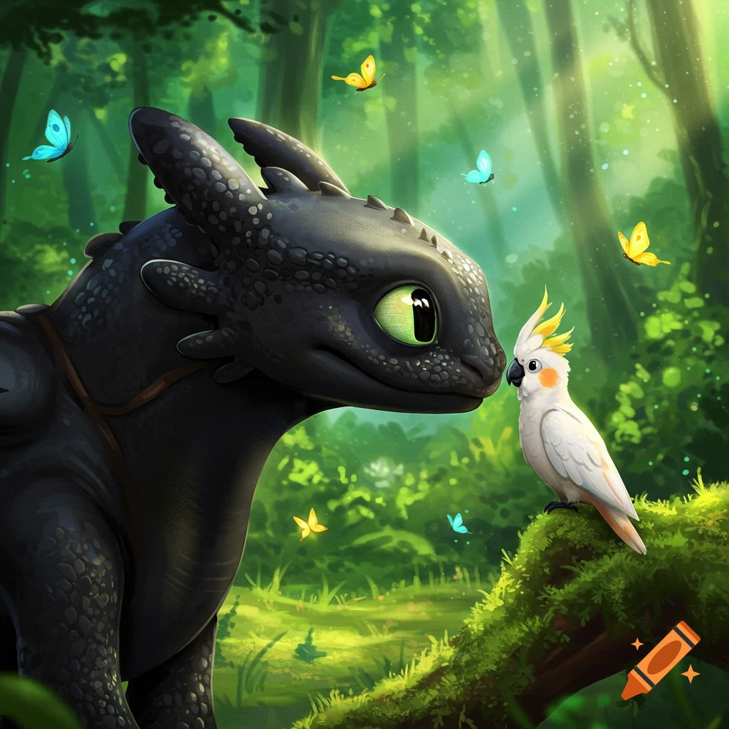 Toothless the black dragon and a white cockatoo nose-to-nose on a mossy branch in a lush green forest with butterflies.