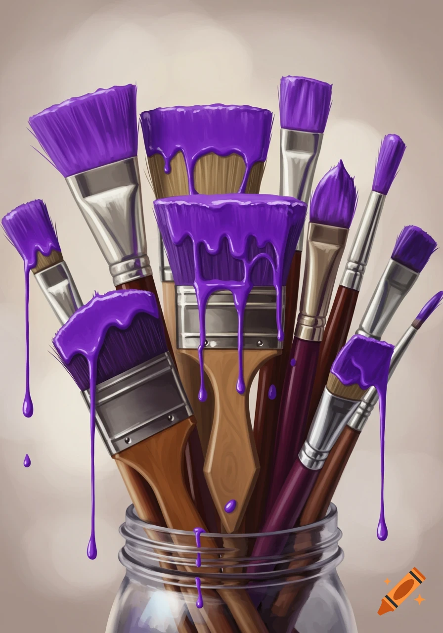 Illustrative image of various paintbrushes with purple paint dripping from their bristles, arranged in a glass jar.