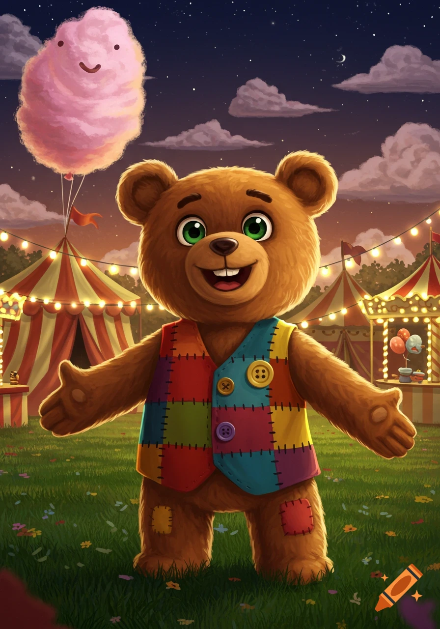 A cheerful brown teddy bear in a colorful patchwork vest stands at a nighttime carnival, a smiling pink cotton candy balloon above. Illustrative style.