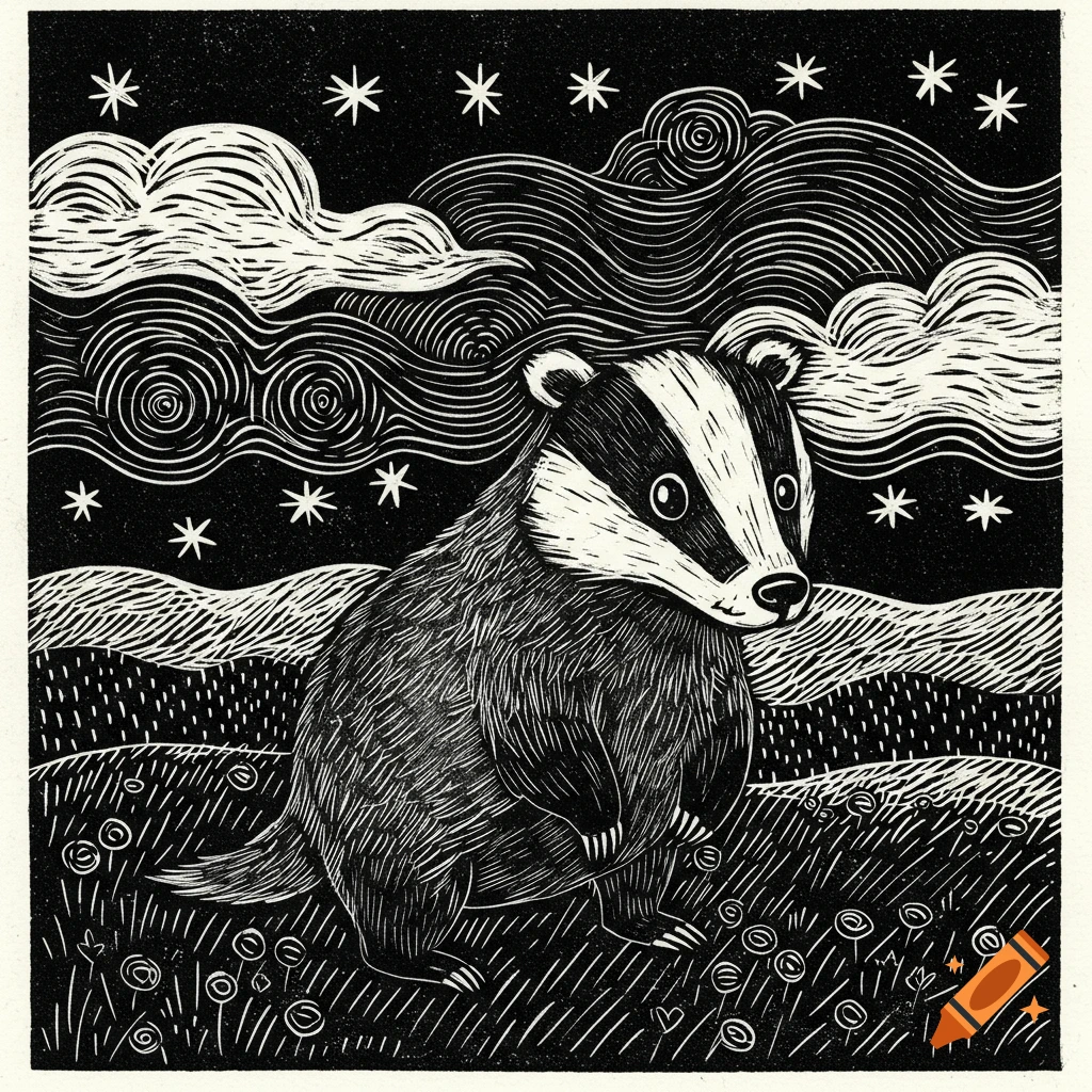 Monochrome linocut illustration of a whimsical cartoon badger sitting in a field under a starry night sky with wavy clouds.
