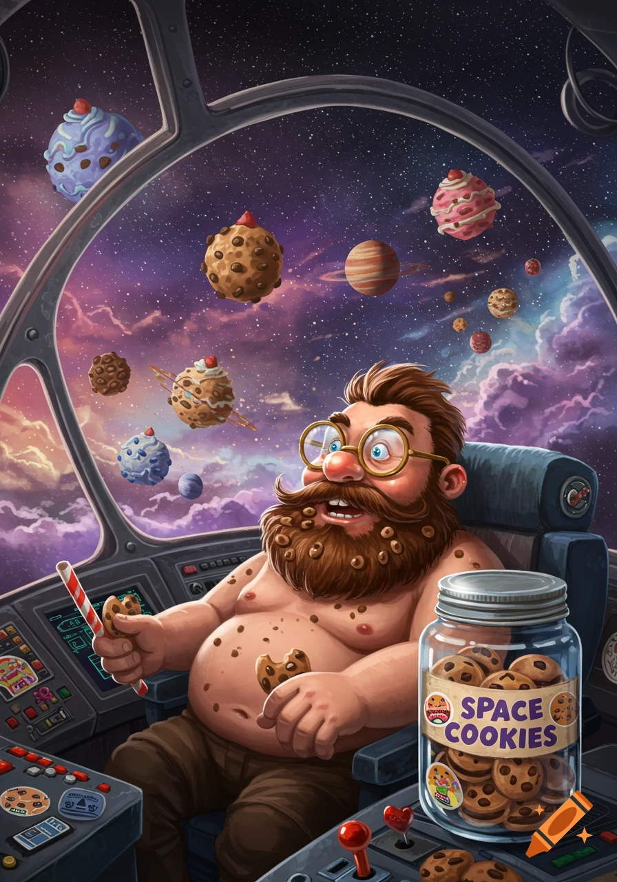 A cartoon man with a cookie-chip beard eats cookies in a spaceship, surrounded by cookie-planets in space.