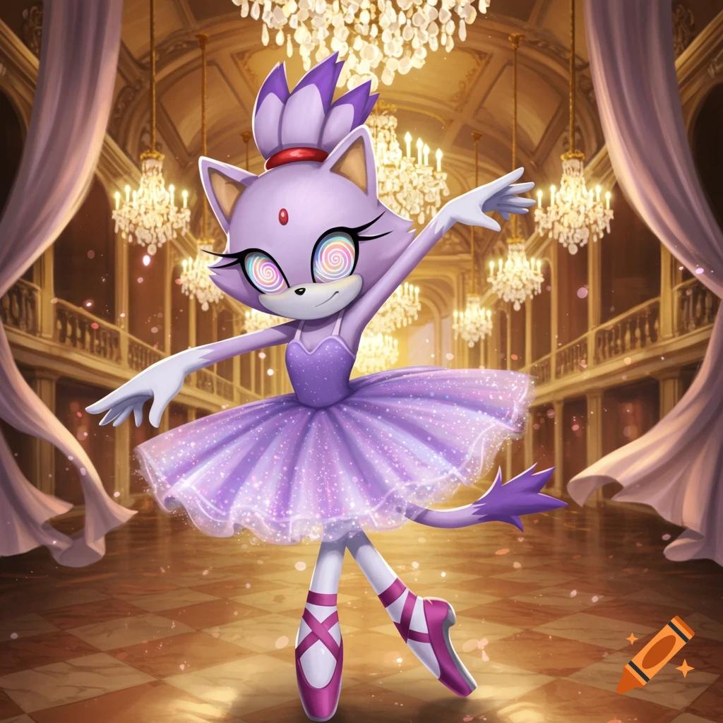 Blaze the Cat ballerina with spiral eyes dancing in a lavish ballroom with many chandeliers.