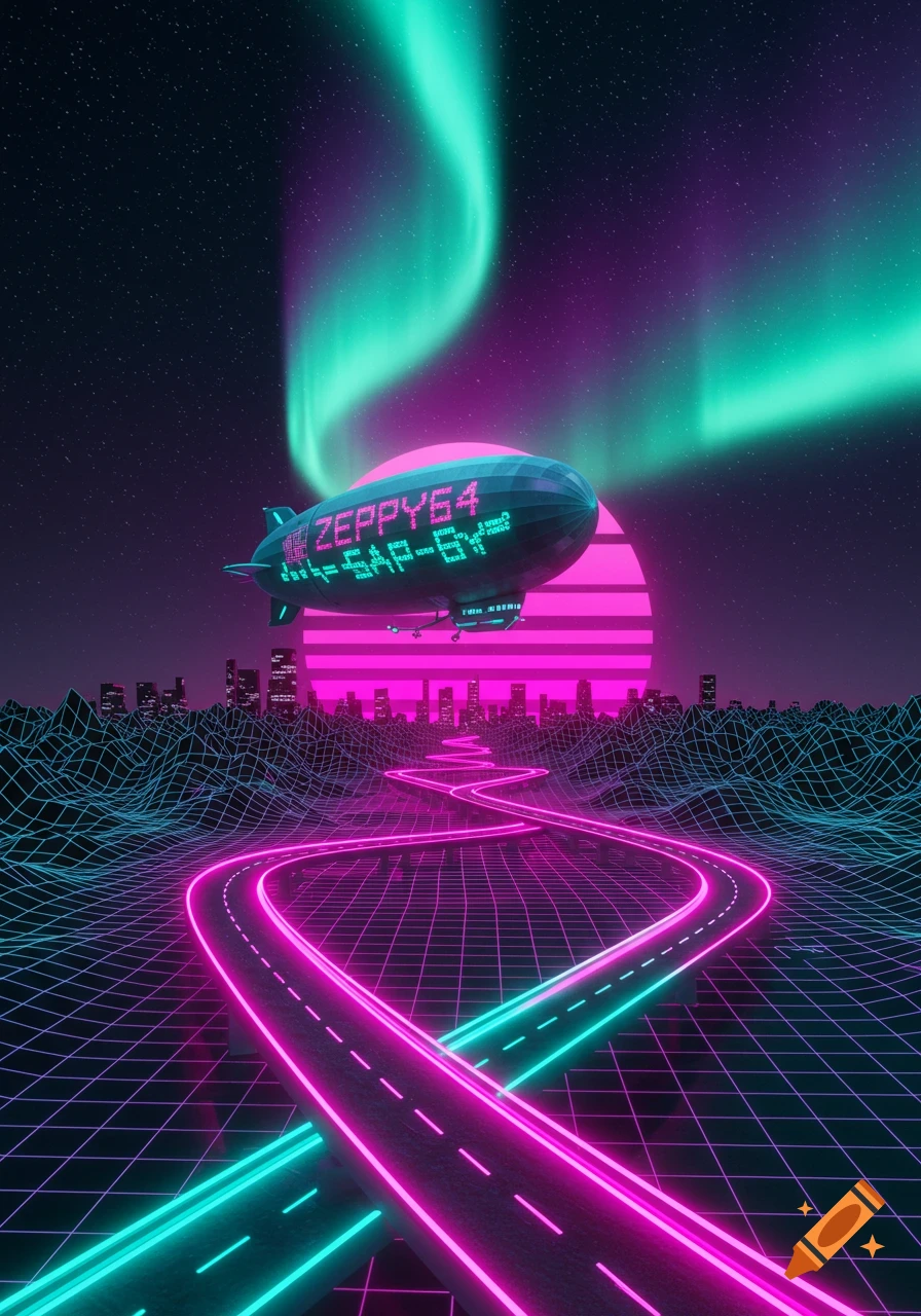 A retro-futuristic landscape with neon roads, cityscape, a blimp, and a vibrant aurora borealis in the night sky.