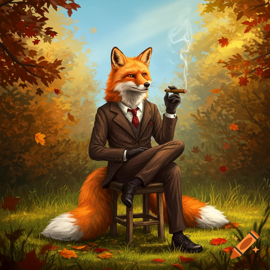 An anthropomorphic red fox in a pinstripe suit sits on a stool, smoking a cigar amidst falling autumn leaves in a forest.