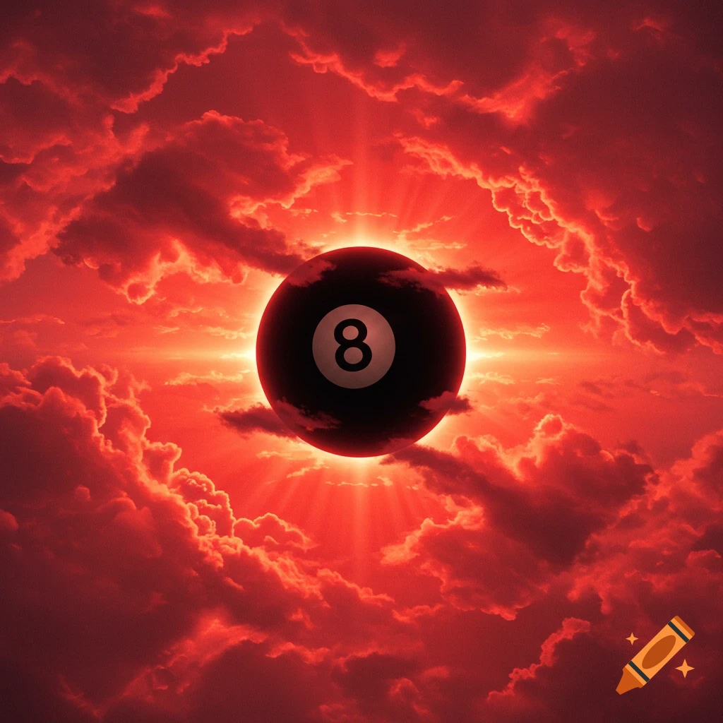 An 8-ball glowing like the sun, surrounded by dramatic red and orange clouds in a fiery sky.