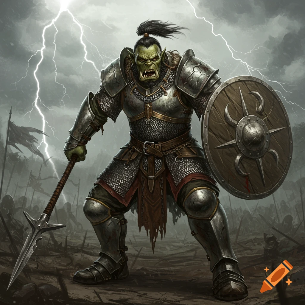 Heavily armored orc warrior with a spear and shield stands on a battlefield as lightning strikes, digital illustration.