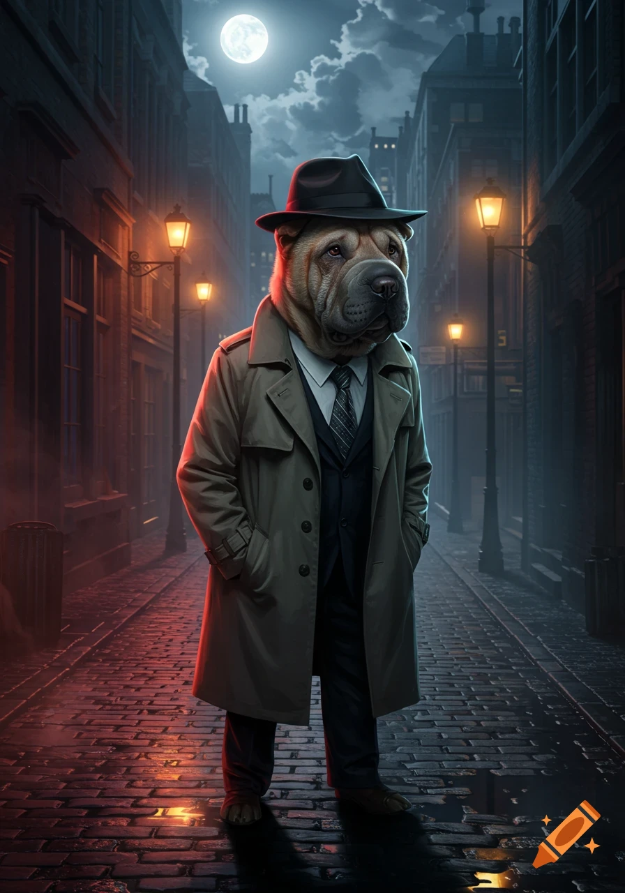 A Shar Pei dog dressed as a detective in a trench coat and fedora stands on a wet cobblestone street at night, lit by streetlamps under a full moon.