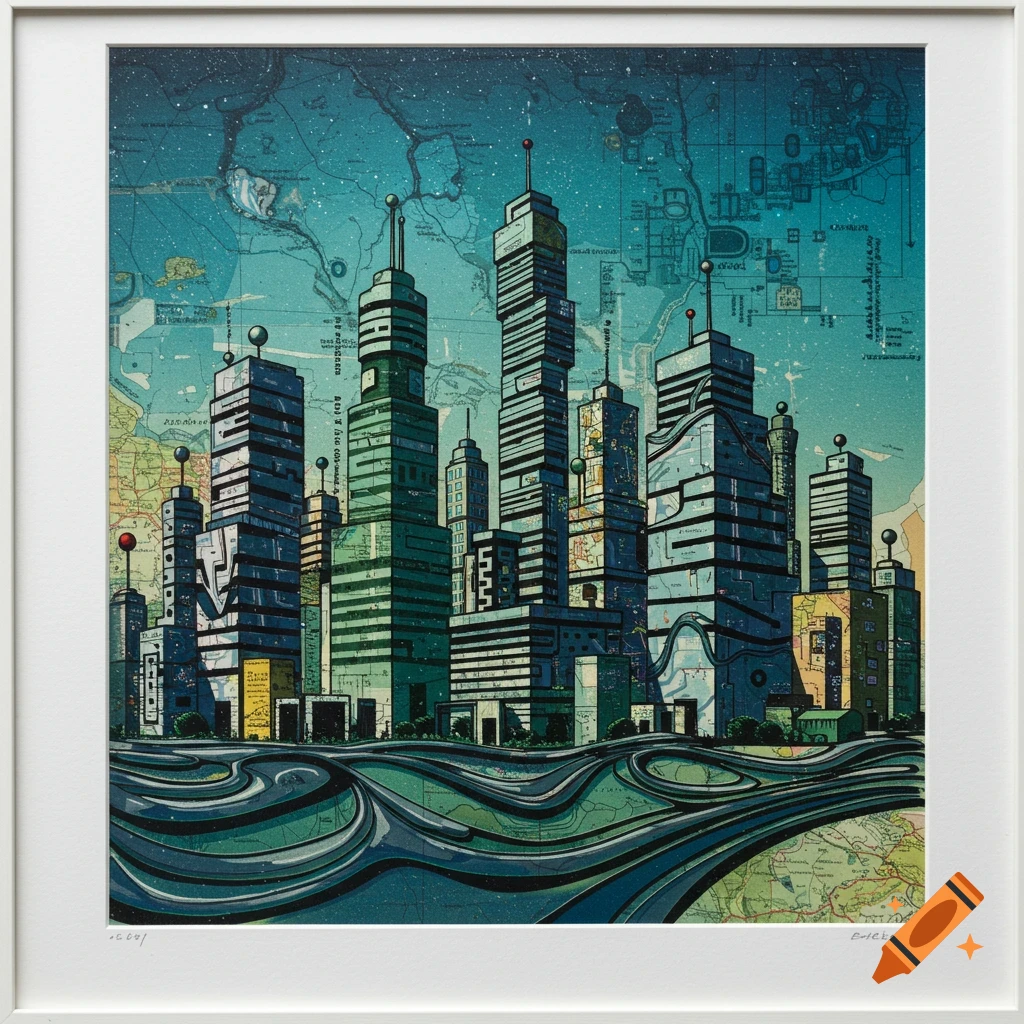 A stylized monoprint collage shows a cityscape of tall, blocky skyscrapers against a map background, with wavy, textured roads in the foreground. The art style evokes Hundertwasser and Rauschenberg.