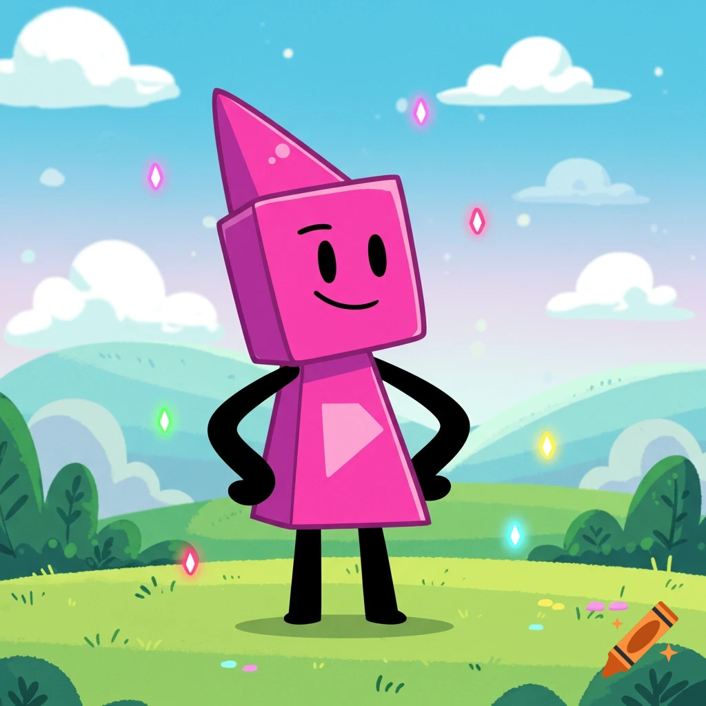 A smiling pink crayon-like cartoon character with black limbs stands in a bright green field under a blue sky with sparkling gems.
