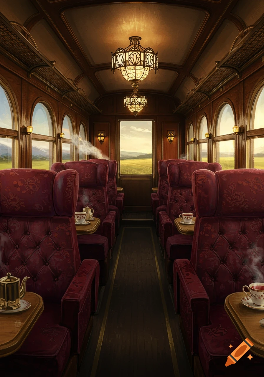 Luxurious vintage train interior with red velvet seats, ornate chandeliers, and scenic windows overlooking a green landscape.