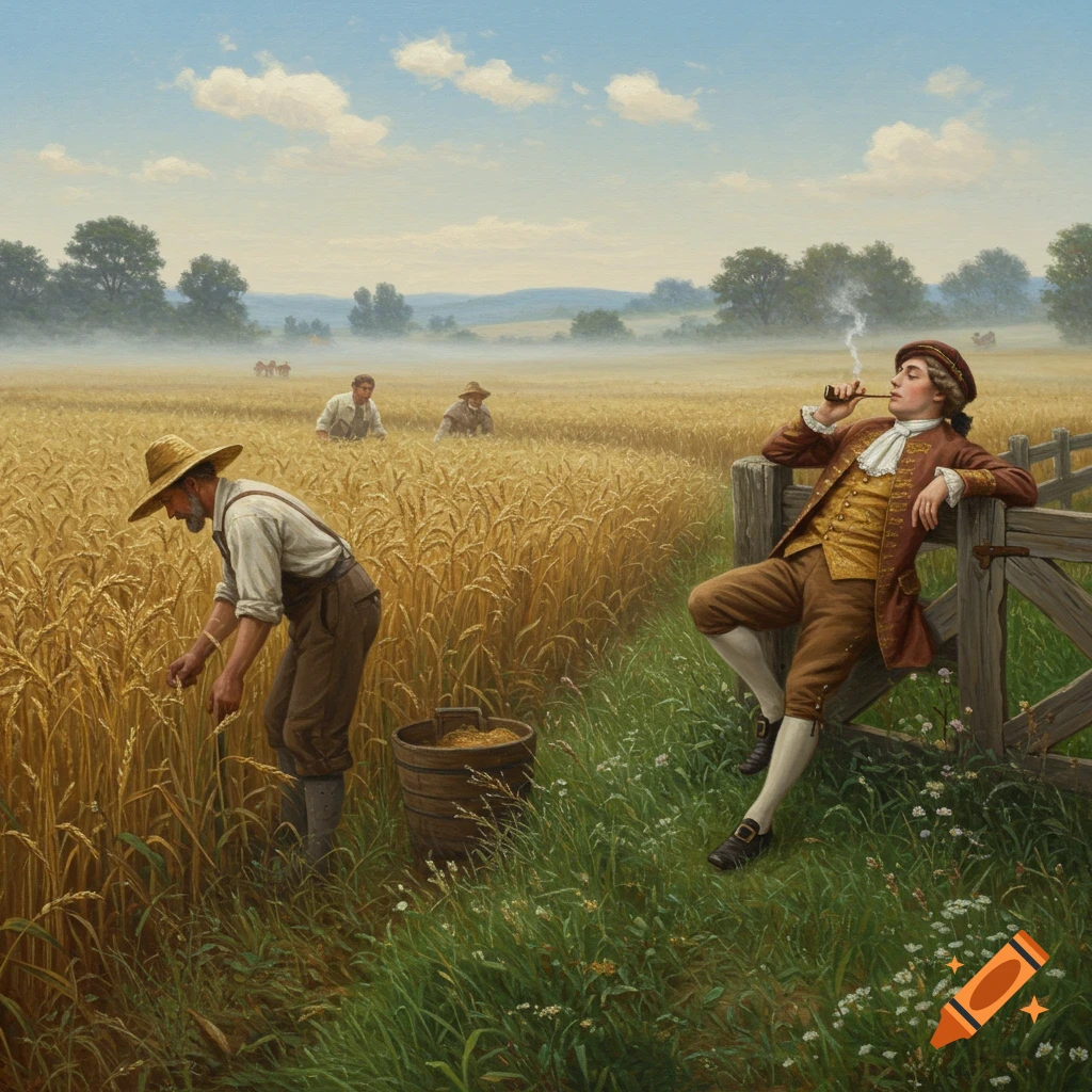 A farmer harvests wheat in a field while a landlord in period clothing watches, smoking a pipe. Realistic painting of a rural scene.
