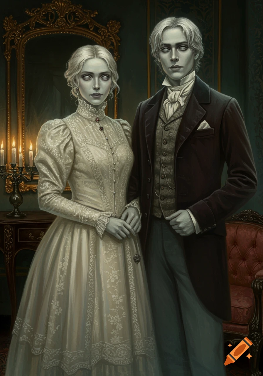 Oil painting portrait of a pale Victorian ghost couple in a dark, formal room.
