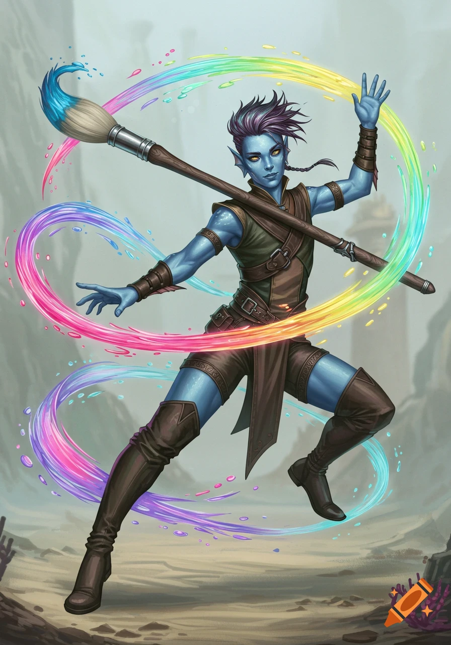 An androgynous blue-skinned sea elf in a fantasy digital painting, wielding a giant paintbrush that emits glowing rainbow magic.