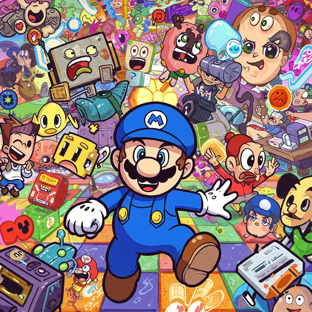 Cartoon Mario in a blue cap and overalls, surrounded by a chaotic, colorful collage of various characters and objects in a distinctive SMG4 style.