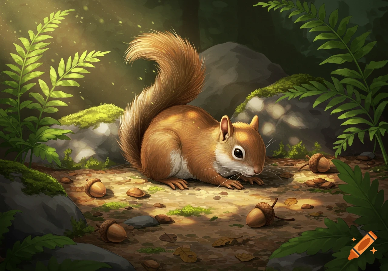 A cute, fluffy brown squirrel with a bushy tail crouches on a forest floor among acorns, ferns, and mossy rocks, in a warm, illustrated style.