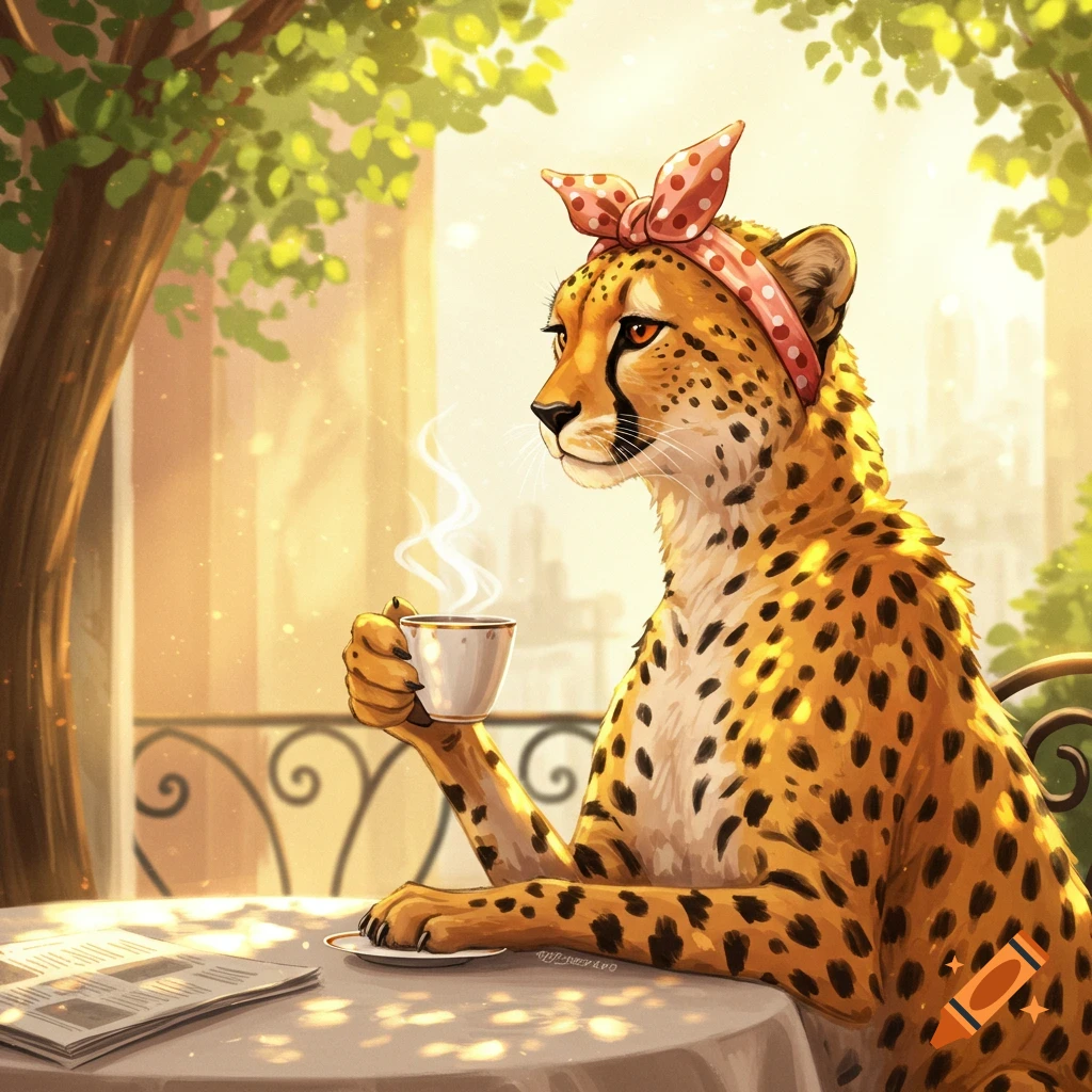 Anthropomorphic cheetah with a polka-dot bow drinks coffee at a sunny outdoor cafe table with a newspaper.