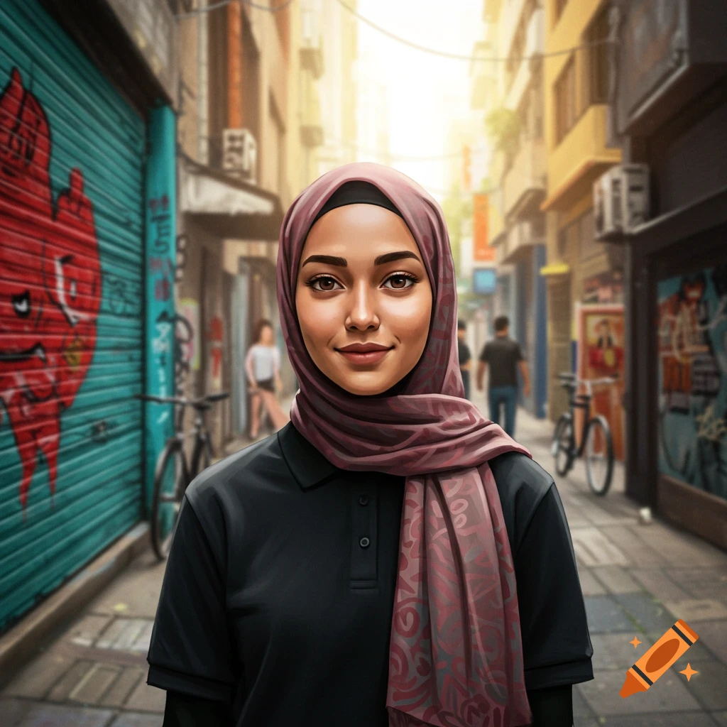 A smiling young woman wearing a black polo shirt and a rose-pink hijab stands in a sunlit urban alleyway with graffiti-covered walls.