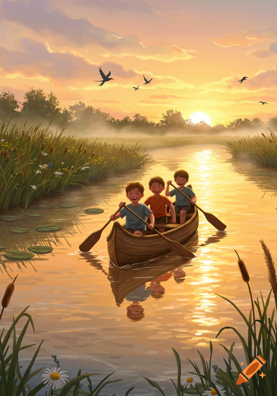 Three smiling boys paddle a wooden canoe on a serene river at sunset, surrounded by reeds and lily pads, in a warm, illustrated style.