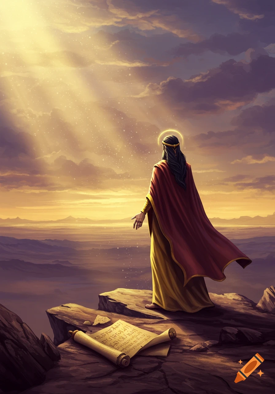 A robed figure with a halo stands on a cliff, looking at a vast, sunlit landscape with mountains and clouds, with a scroll on the ground, in an artistic style.