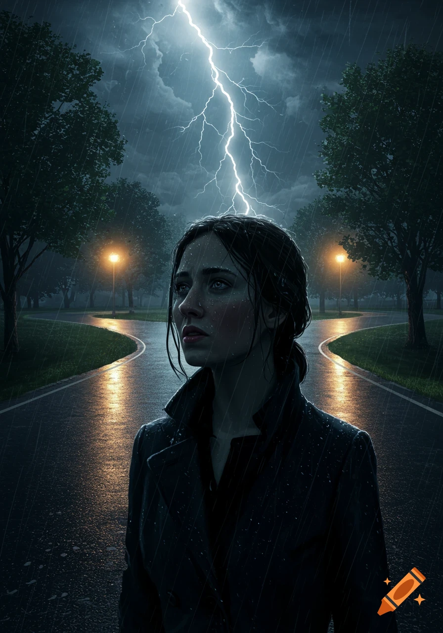Photorealistic portrait of a woman standing at a rainy crossroads during a thunderstorm with lightning.