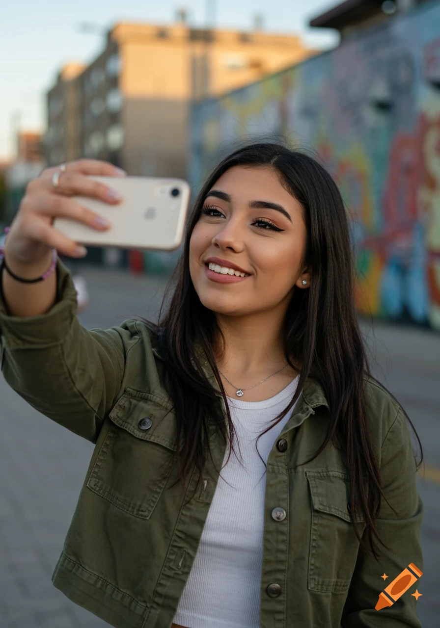 A young Hispanic woman in a green jacket smiles while taking a selfie outdoors with a smartphone, with a blurred city street and colorful graffiti wall in the background.
