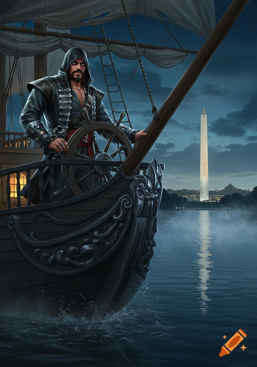A pirate in a dark hooded coat and mustache steers a ship at night, with the Washington Monument illuminated in the distance.