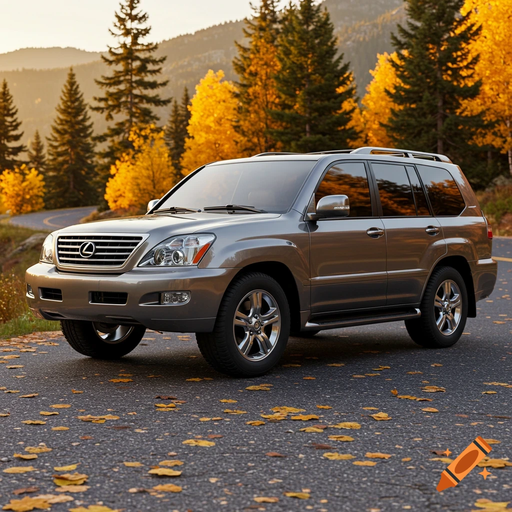 A gray Lexus SUV on a winding road covered in autumn leaves, with golden and green trees against mountains.