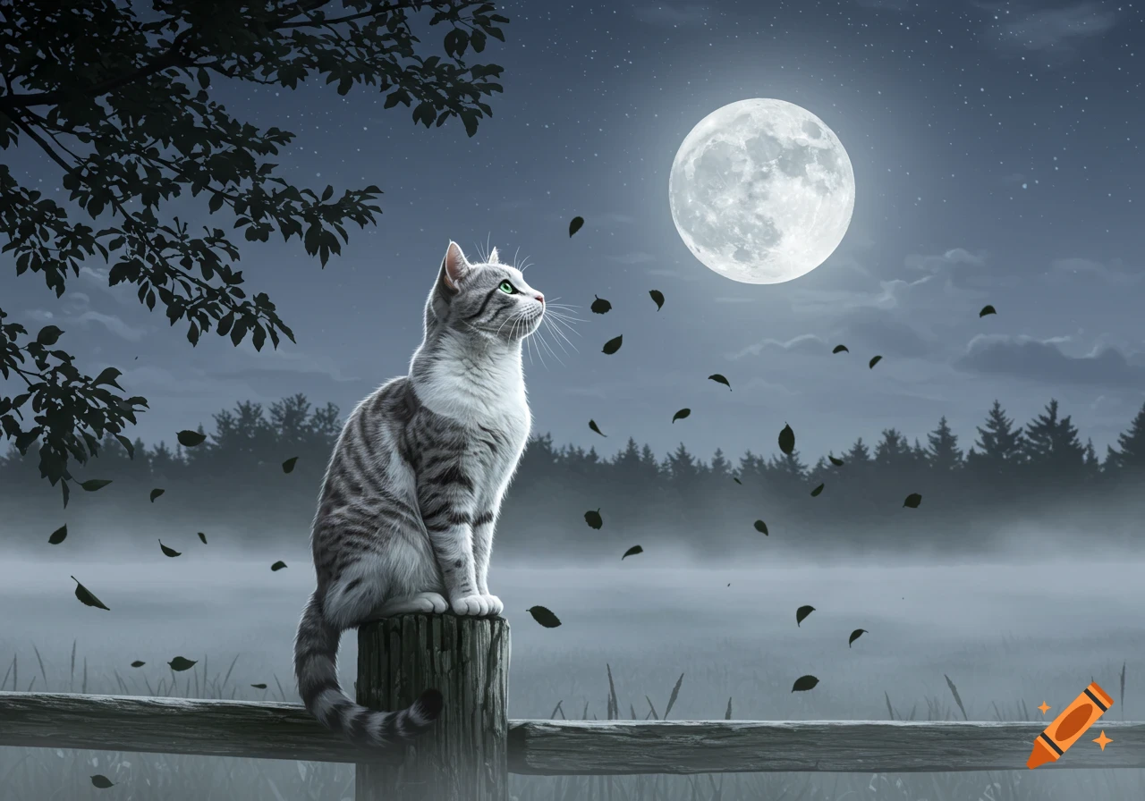 A grey and white tabby cat sits on a wooden fence post, gazing at a large full moon in a misty night sky with trees and falling leaves.