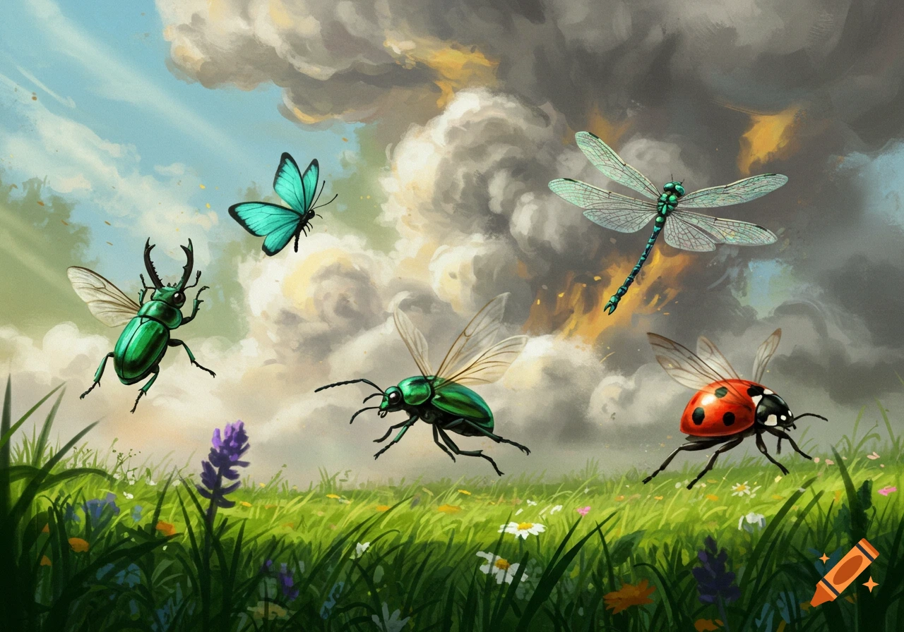 Diverse insects fly over a grassy meadow with flowers under a cloudy, dramatic sky. Digital art.