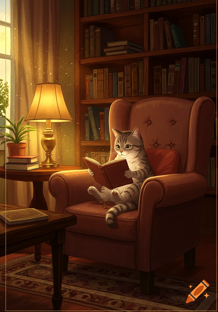 A striped cat sits in a red armchair, reading a book in a cozy, warmly lit room with a lamp, window, and bookshelf in a detailed illustrative style.