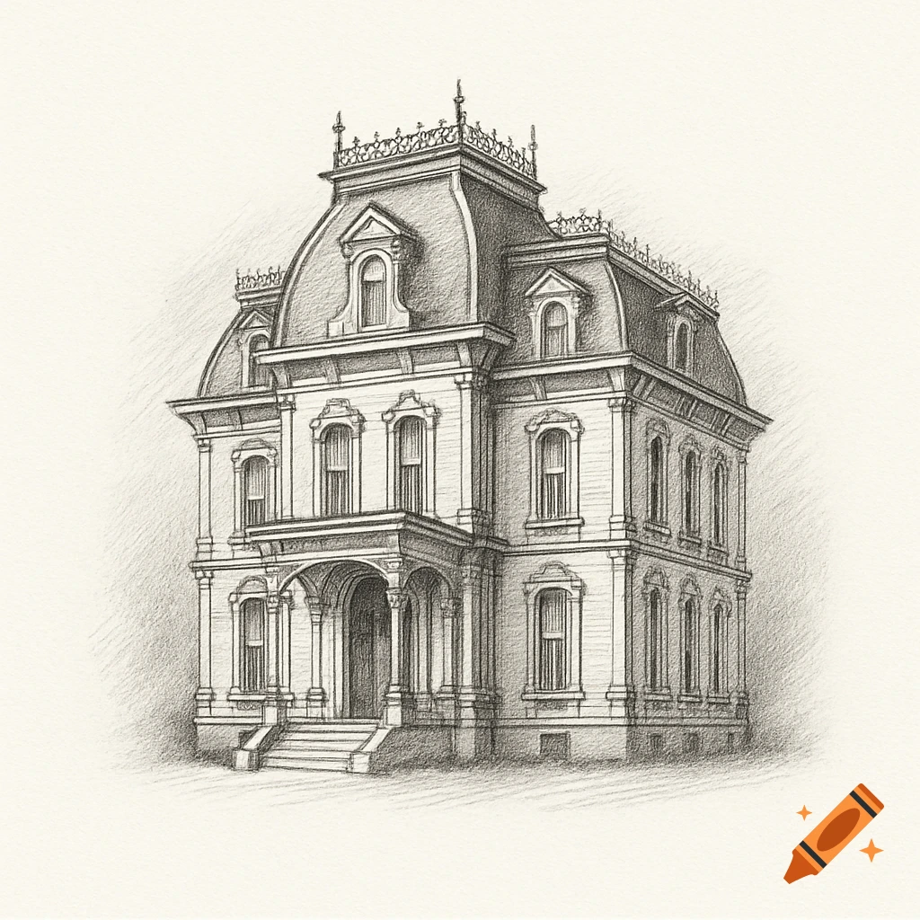 A detailed hand-sketched pencil drawing of a grand Second Empire-style mansion with a mansard roof and ornate windows.
