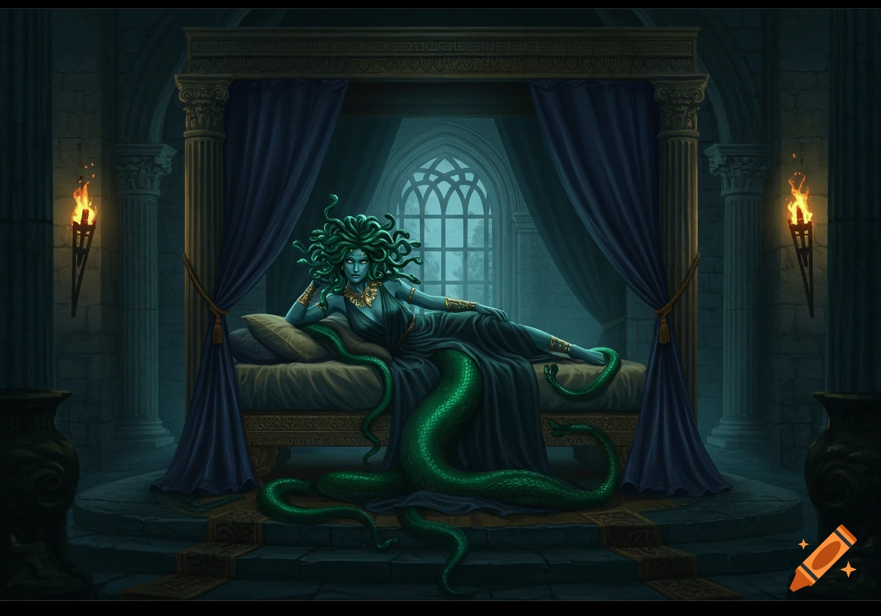 Medusa, with green skin and snake hair, reclines on a bed in a dark, ancient stone chamber with torches.