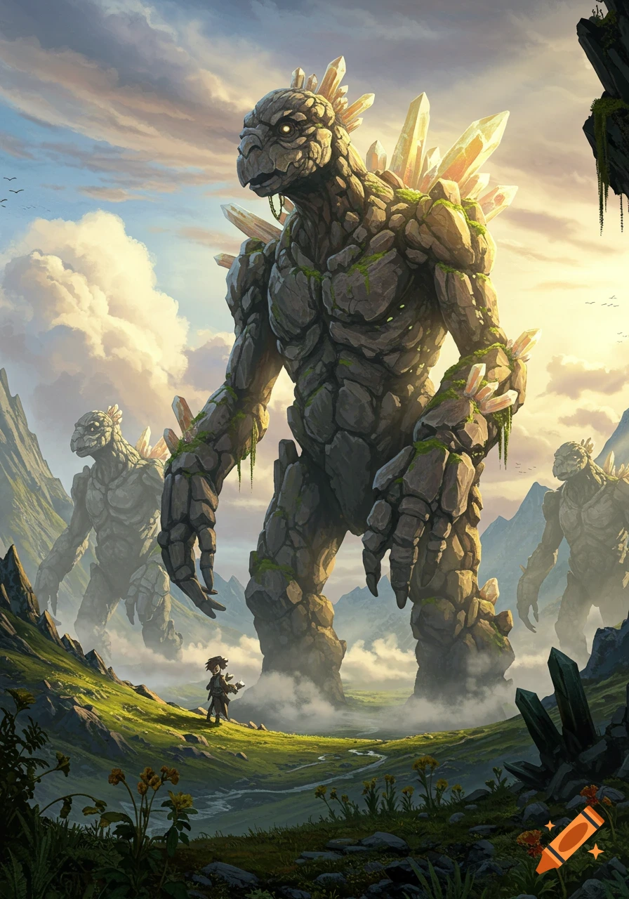 A small person stands in a green valley as colossal crystal-spined rock monsters emerge from mist under a dramatic sky.