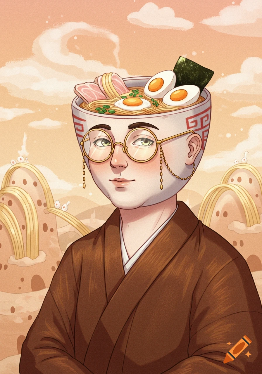 A cartoon man with a ramen bowl for a head, wearing a brown kimono and gold glasses, against noodle-like hills.