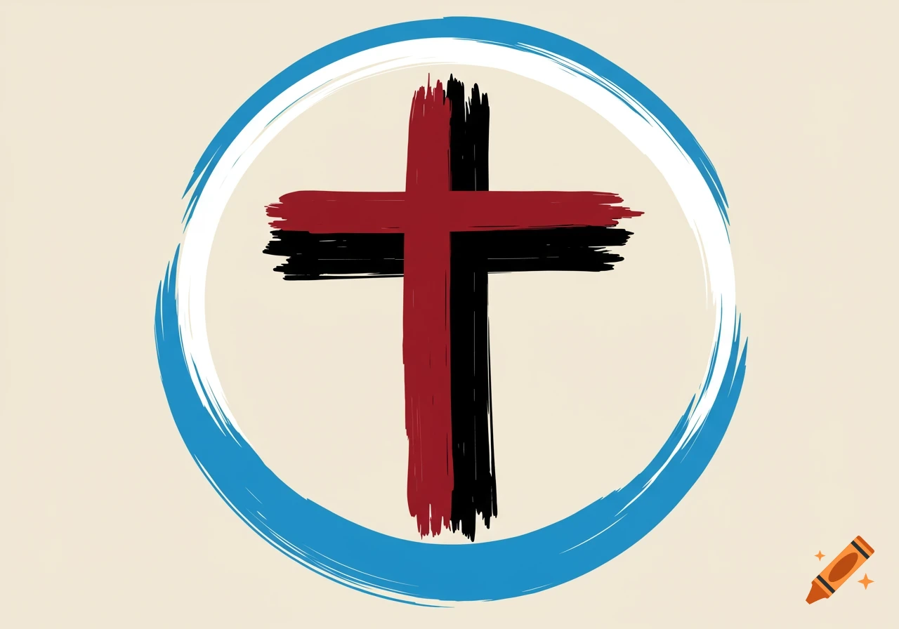 Red and black brushstroke cross inside a blue and white brushstroke circle on a light background.