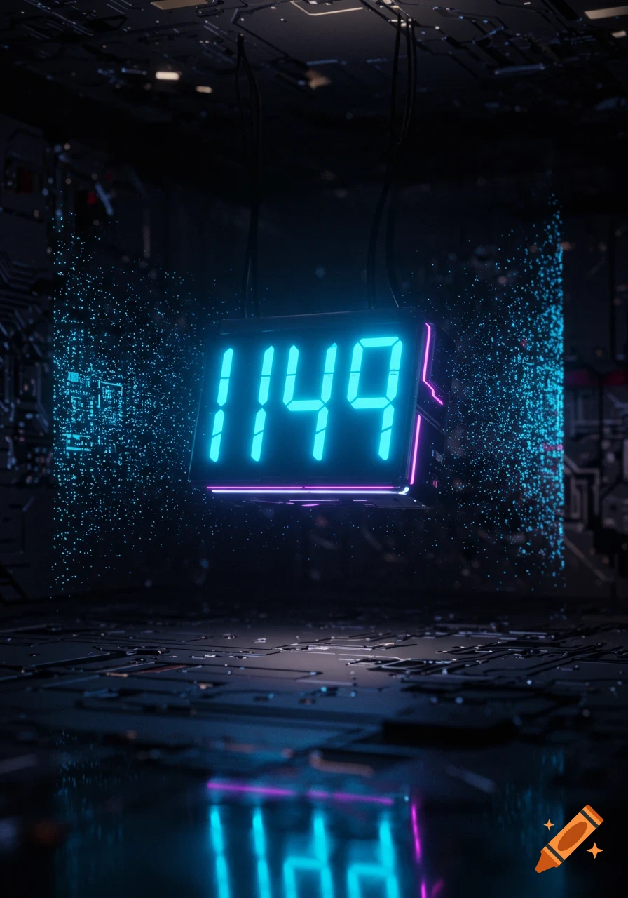 Glowing blue and purple digital display showing '1149' in a dark, futuristic tech environment with reflections and particles.