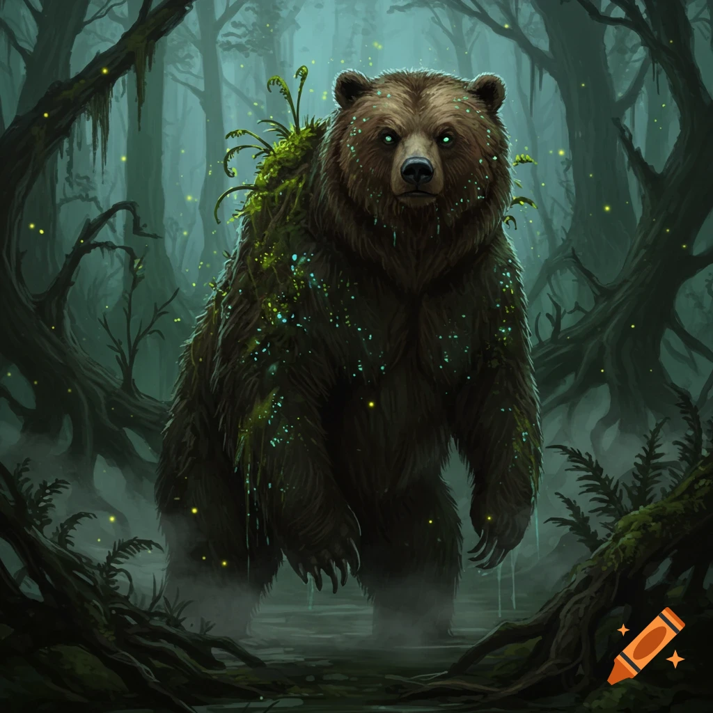 A large brown bear covered in moss and glowing particles stands in a dark, misty forest with glowing roots and trees.
