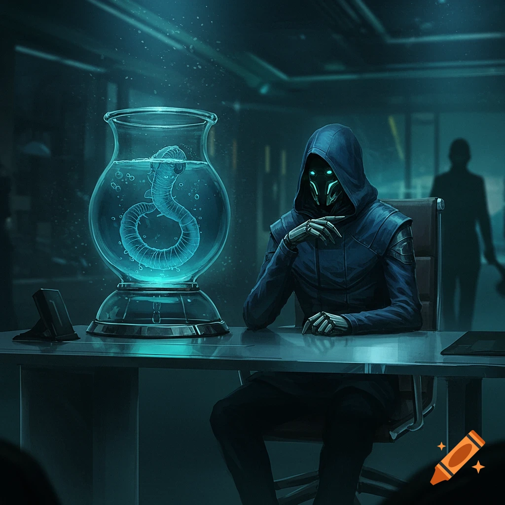 A hooded, masked figure with glowing eyes and mechanical hands sits at a desk in a dark, sci-fi office, next to a glowing worm-like creature in a jar.