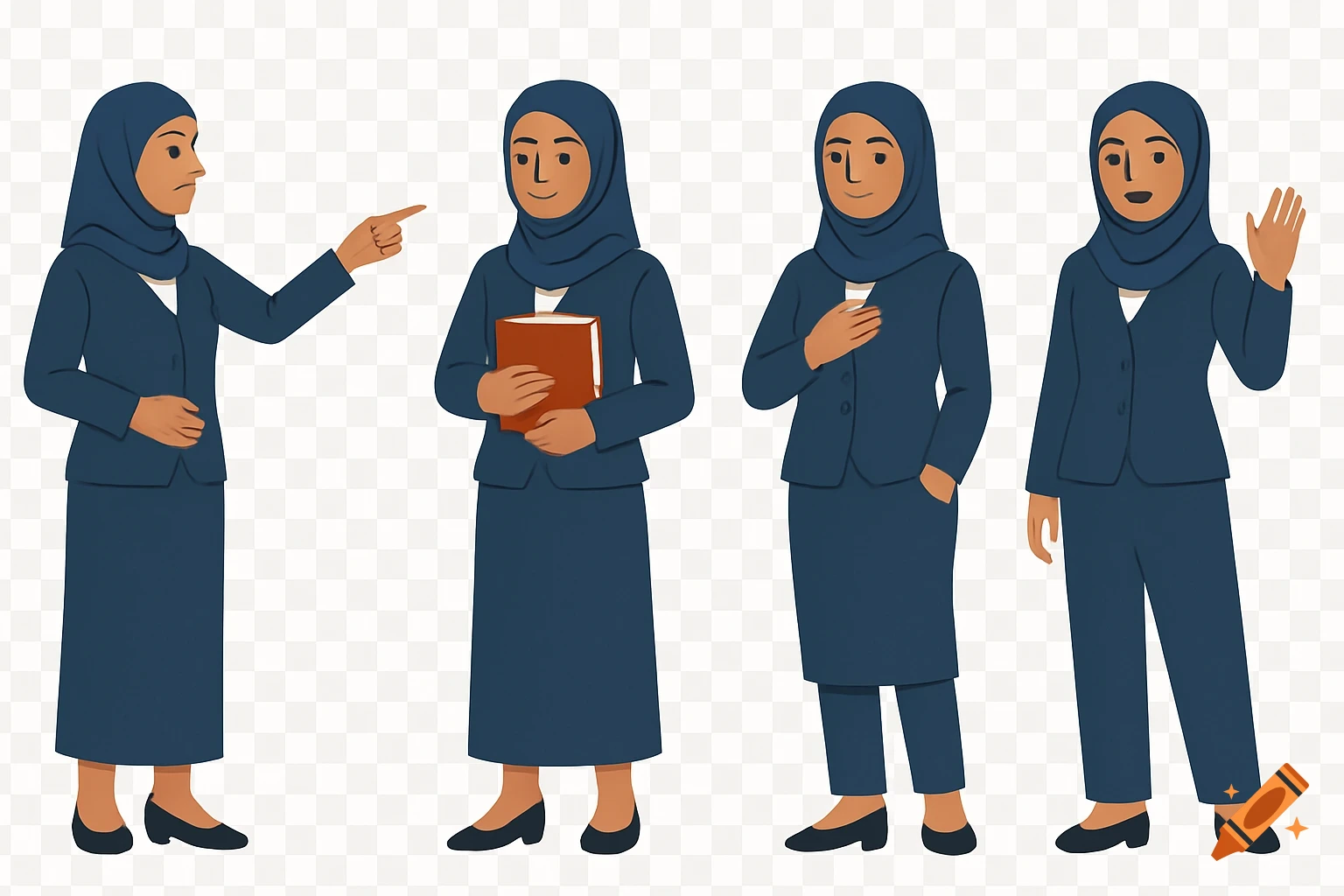 Four female teachers in navy blue uniforms and hijabs in various poses: pointing, holding a book, hand on chest, and waving, in a flat vector style.